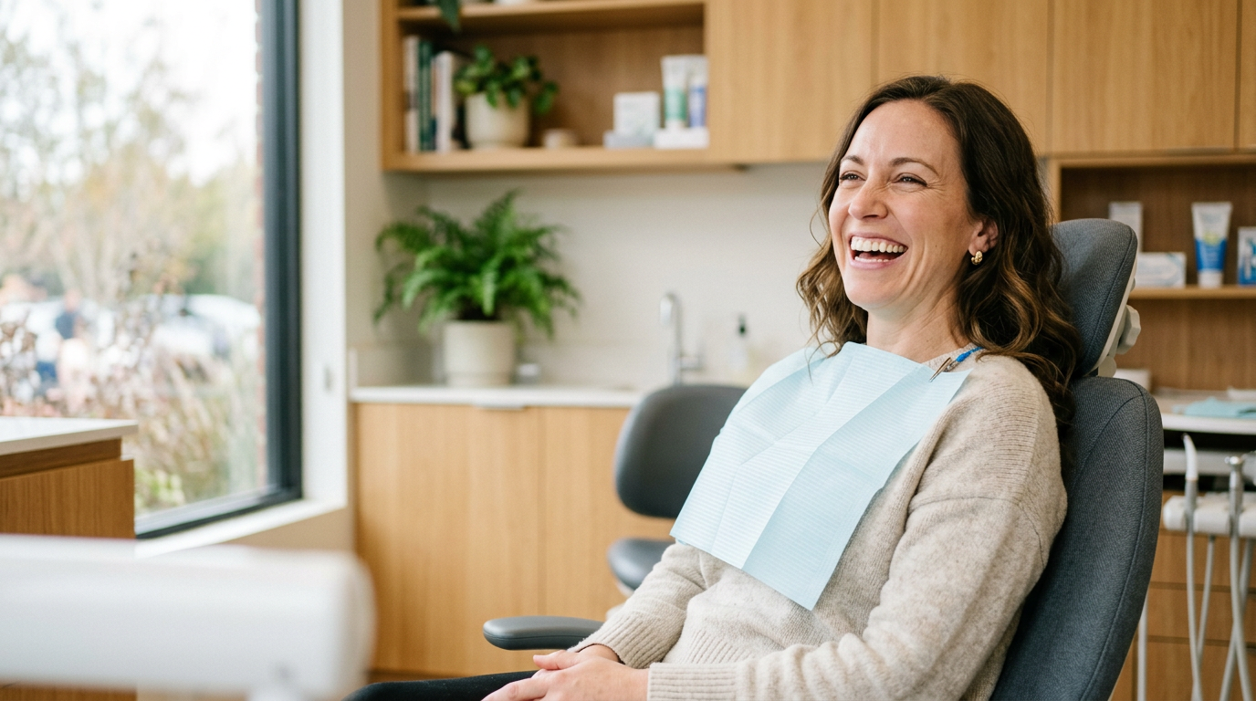 A woman laughing in the dental chair with a bright, natural-looking smile